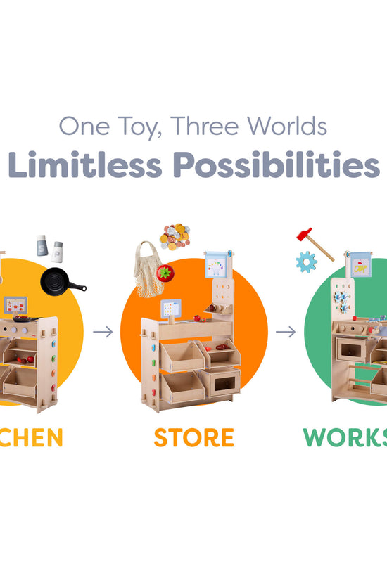 Creative Play 3 in 1 – Play Kitchen, Store & Workshop